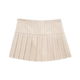 Beige Striped Low Waisted Pleated Mini Skirt